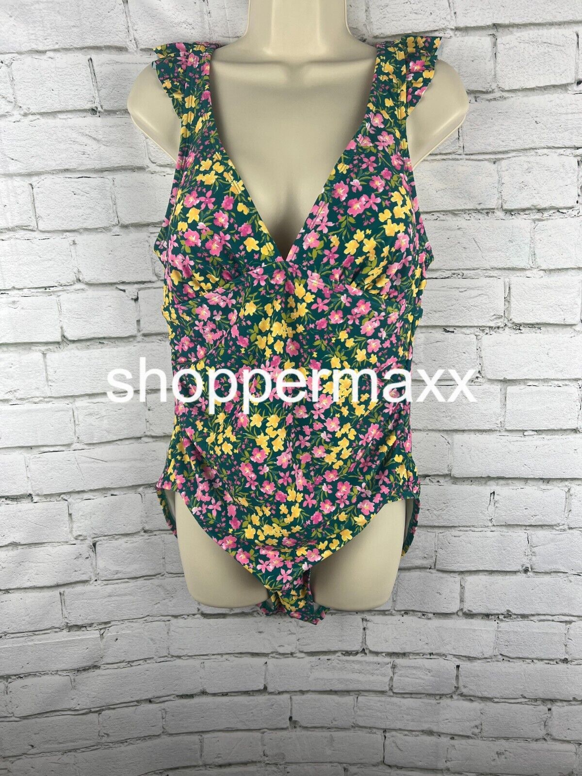 Women's Ruffle Shoulder Ruched Full Coverage One Piece Swimsuit-Kona Sol Multi L