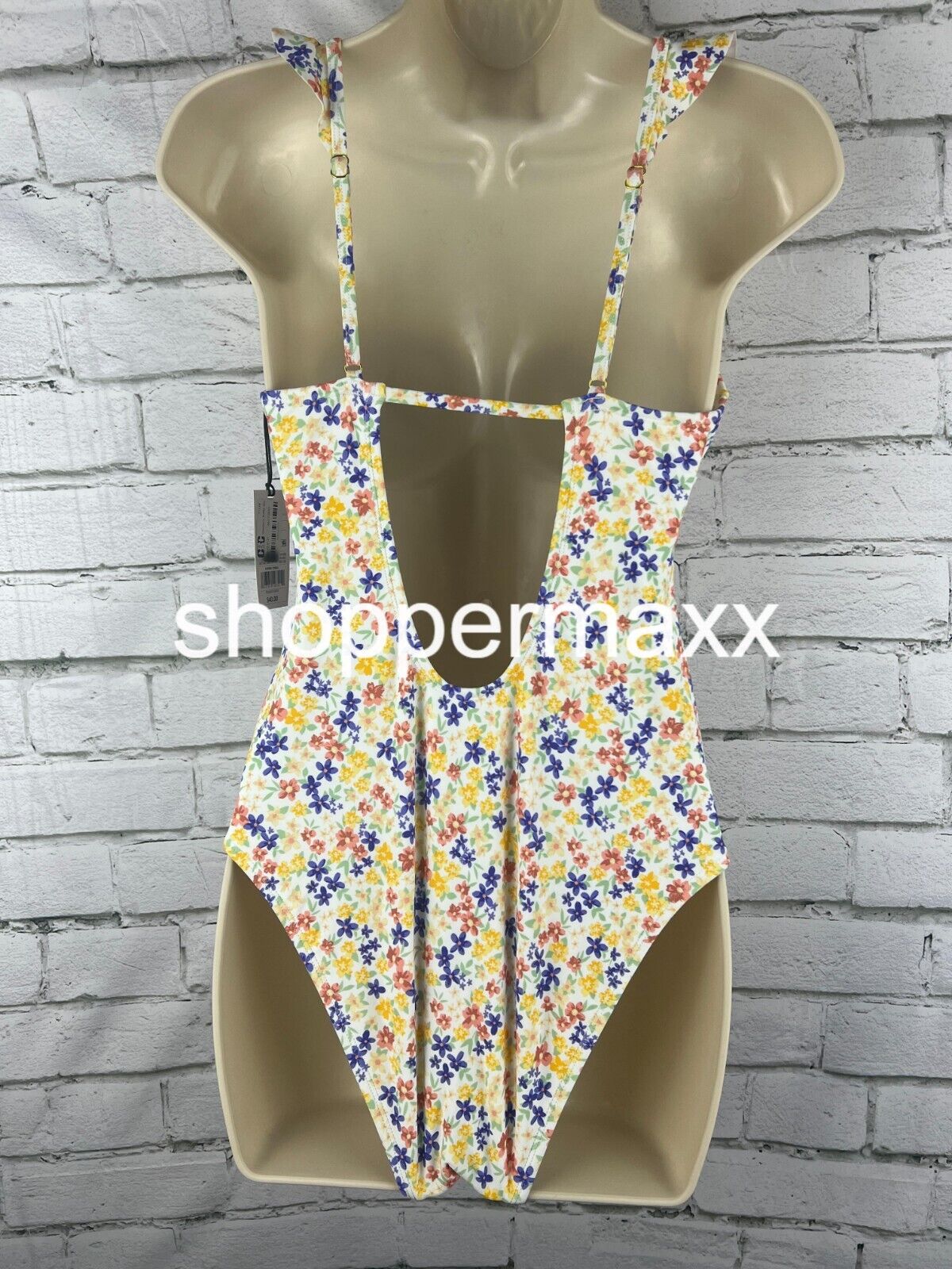 Women Ruffle Shoulder Plunge 1 Piece Swimsuit-Shade & Shore Ditsy Floral Print S