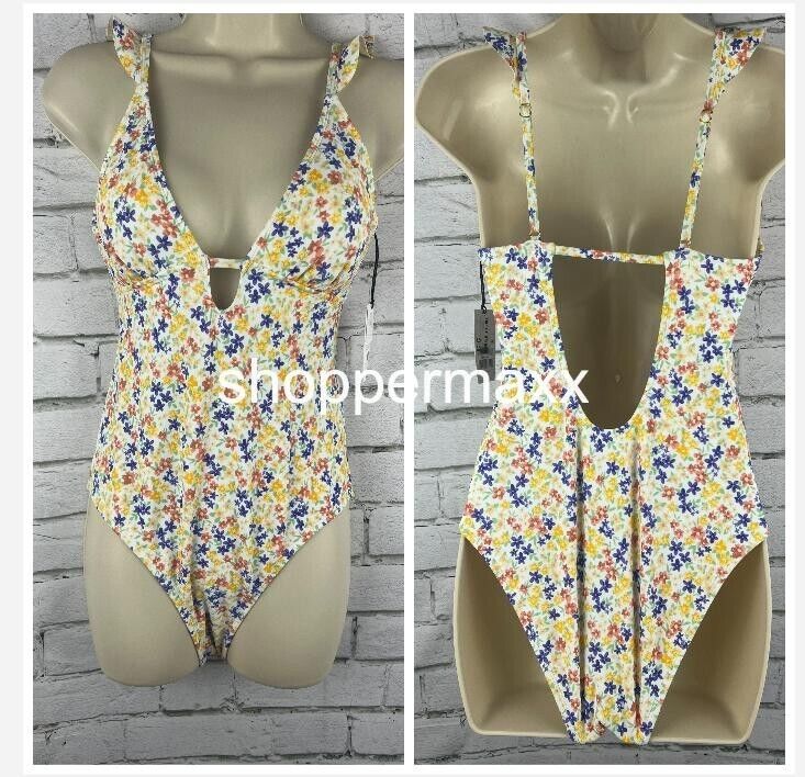 Women Ruffle Shoulder Plunge 1 Piece Swimsuit-Shade & Shore Ditsy Floral Print S