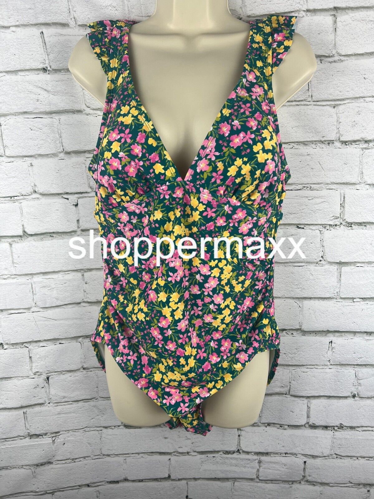 Women's Ruffle Shoulder Ruched Full Coverage One Piece Swimsuit-Kona Sol Multi L