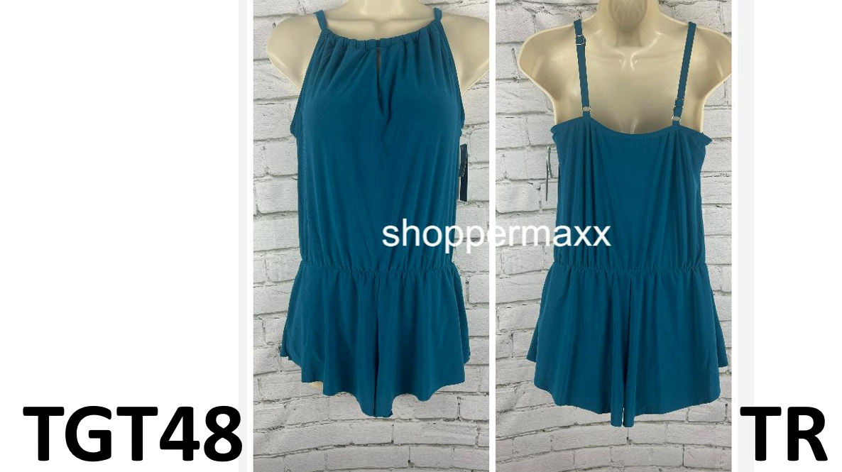 Women's UPF 50 High Neck Swim Romper, Pockets, One Piece Swimsuit- Aqua Green, S