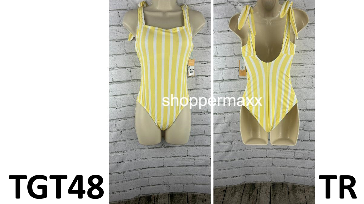 Women Striped Square Neck Medium Coverage One Piece Swimsuit- Kona Sol Yellow XS