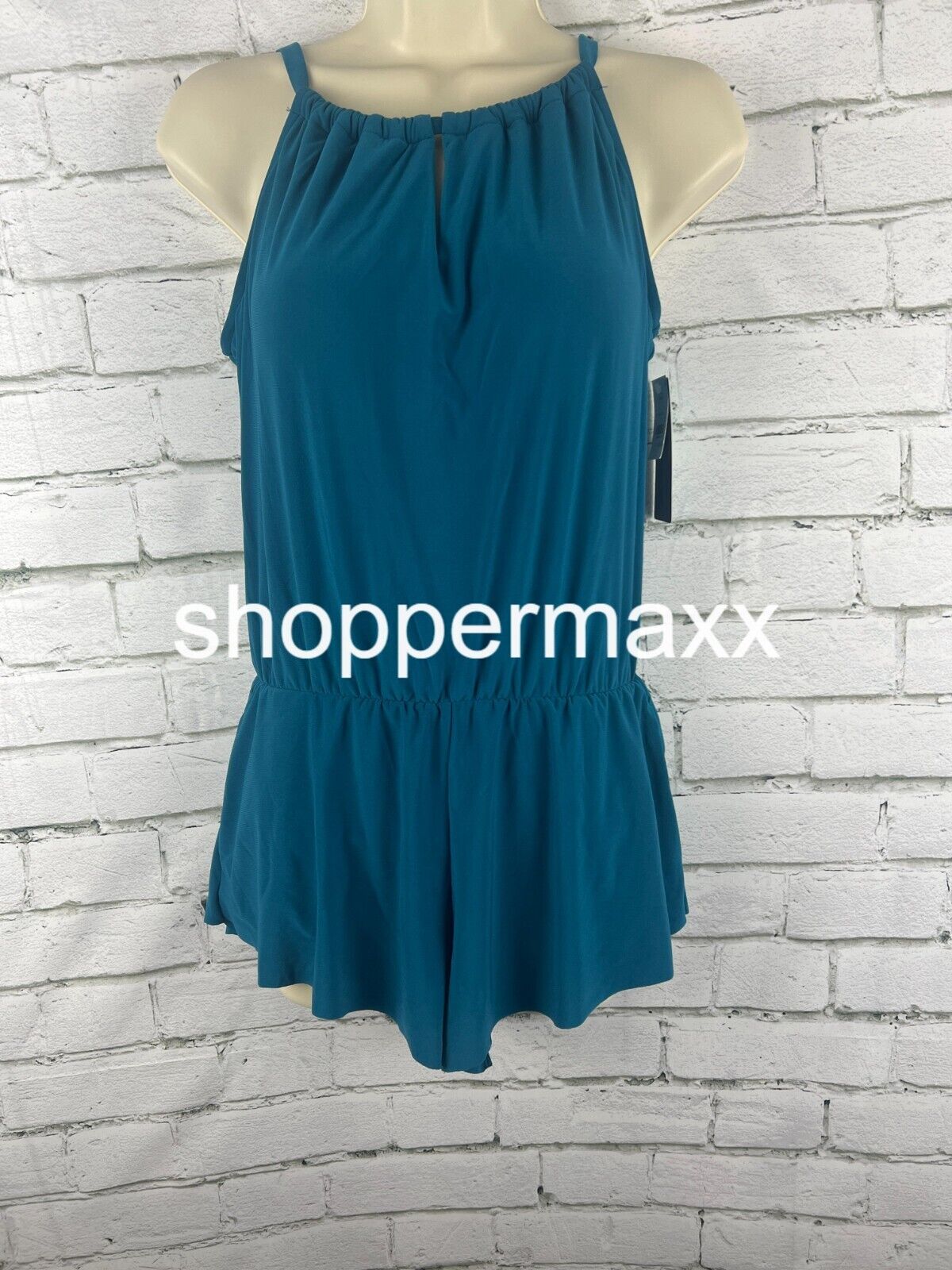 Women's UPF 50 High Neck Swim Romper, Pockets, One Piece Swimsuit- Aqua Green, S