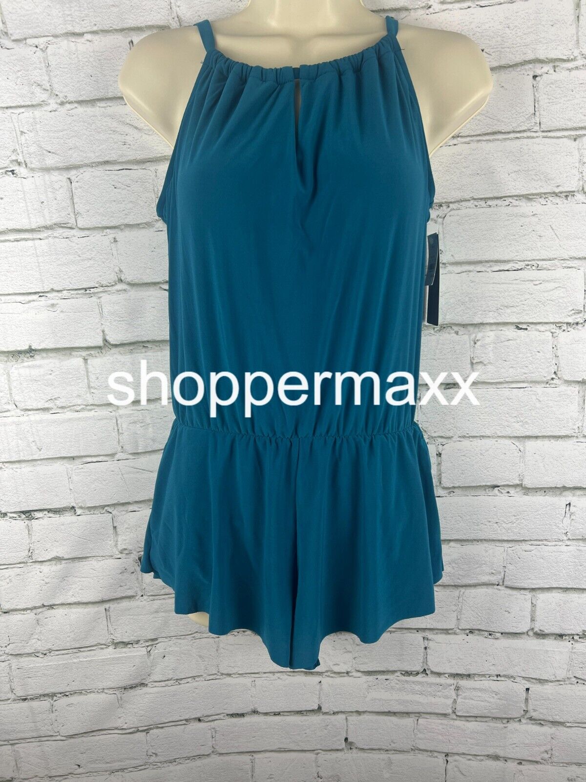 Women's UPF 50 High Neck Swim Romper, Pockets, One Piece Swimsuit- Aqua Green, S