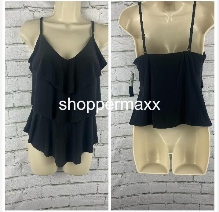Women's UPF 50 Tiered Tankini Top - Aqua Green, Black, Medium