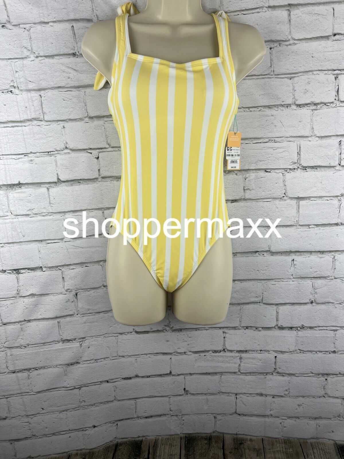 Women Striped Square Neck Medium Coverage One Piece Swimsuit- Kona Sol Yellow XS