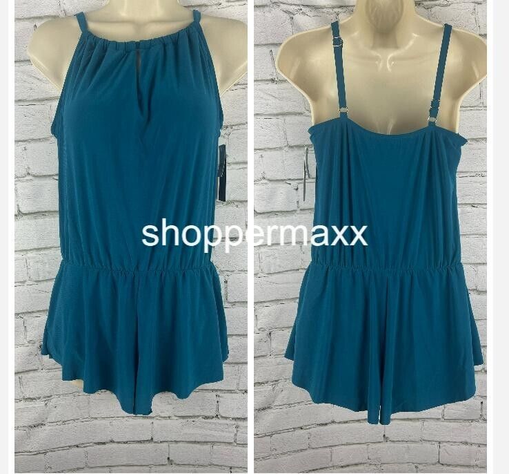 Women's UPF 50 High Neck Swim Romper, Pockets, One Piece Swimsuit- Aqua Green, S