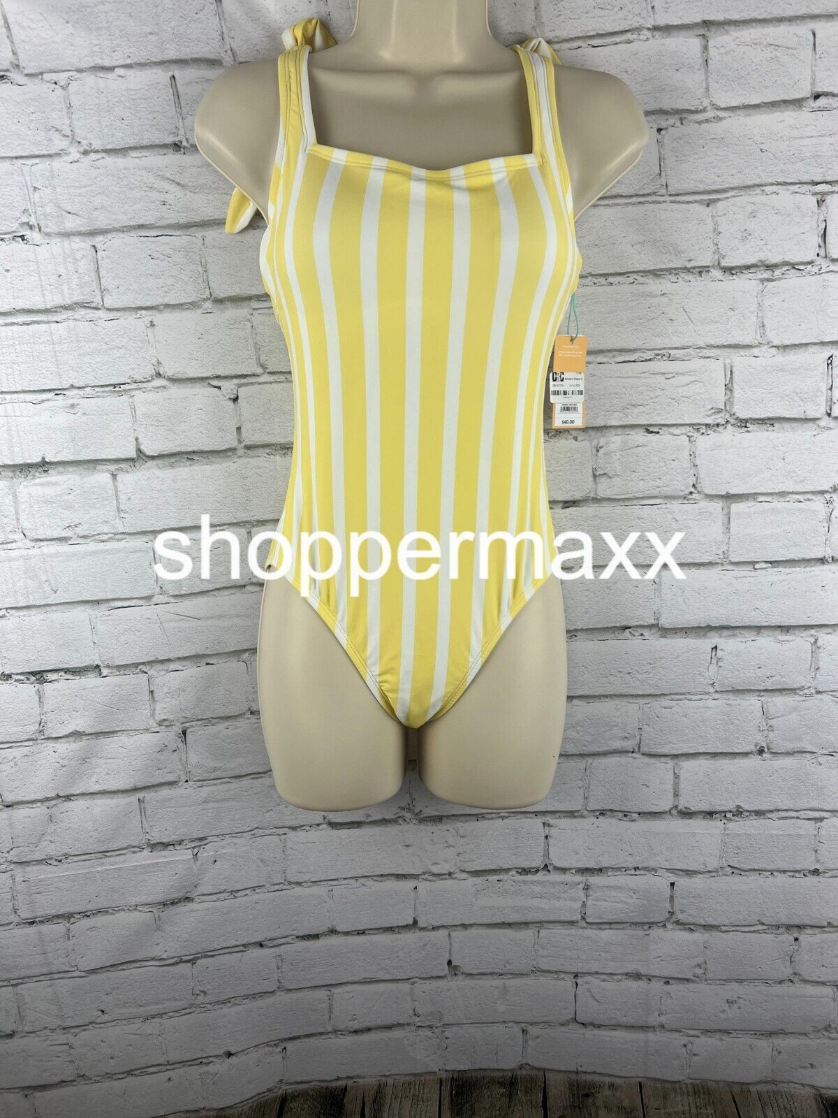 Women Striped Square Neck Medium Coverage One Piece Swimsuit- Kona Sol Yellow XS