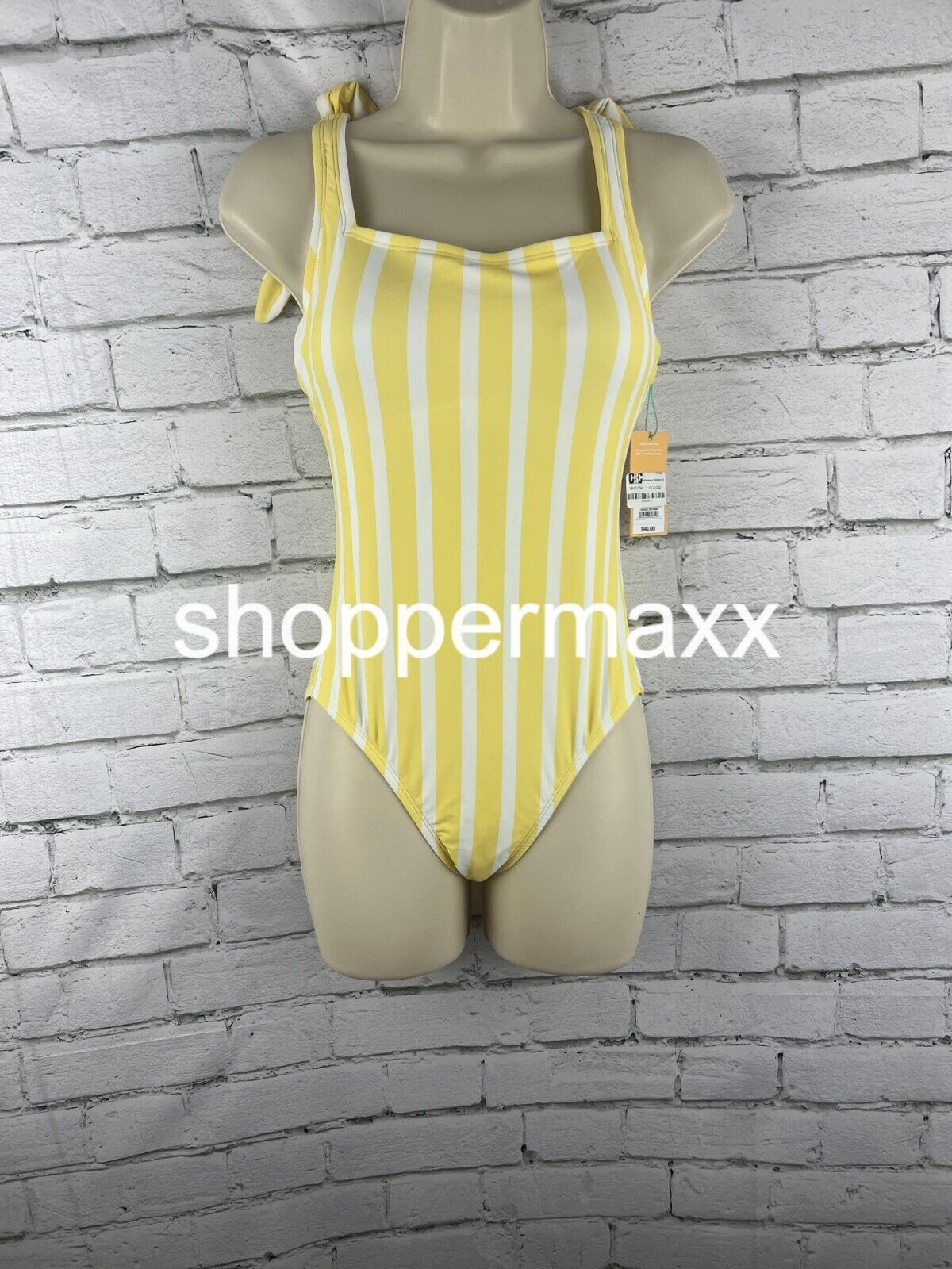 Women Striped Square Neck Medium Coverage One Piece Swimsuit- Kona Sol Yellow XS