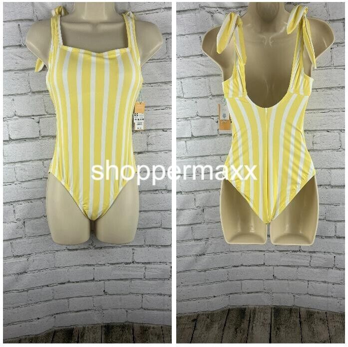 Women Striped Square Neck Medium Coverage One Piece Swimsuit- Kona Sol Yellow XS