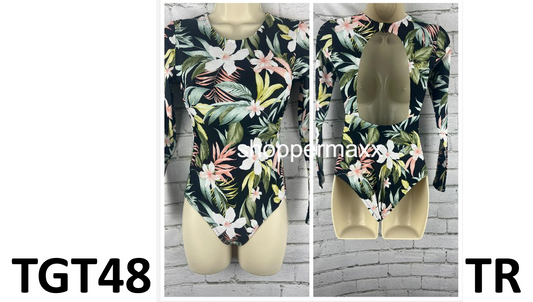 Women's Tropical Print Long Sleeve One Piece Swimsuit - Kona Sol Black XS