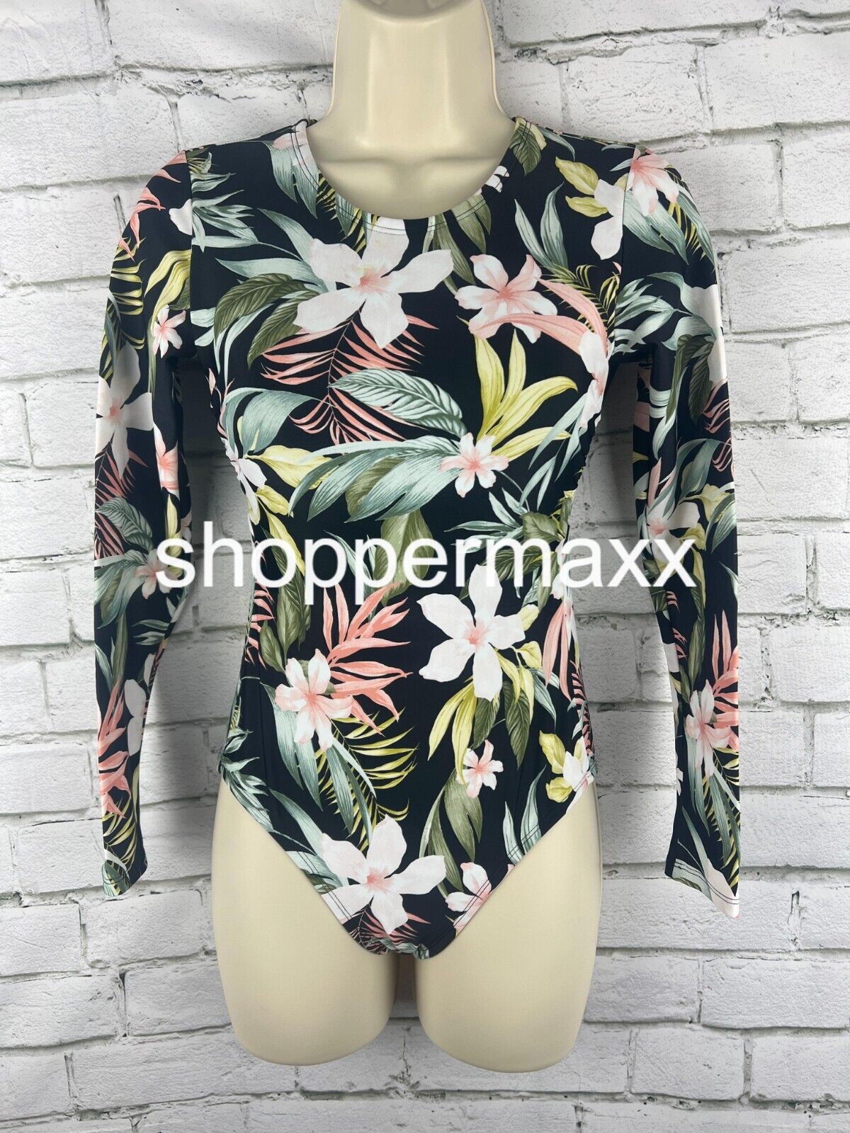 Women's Tropical Print Long Sleeve One Piece Swimsuit - Kona Sol Black XS