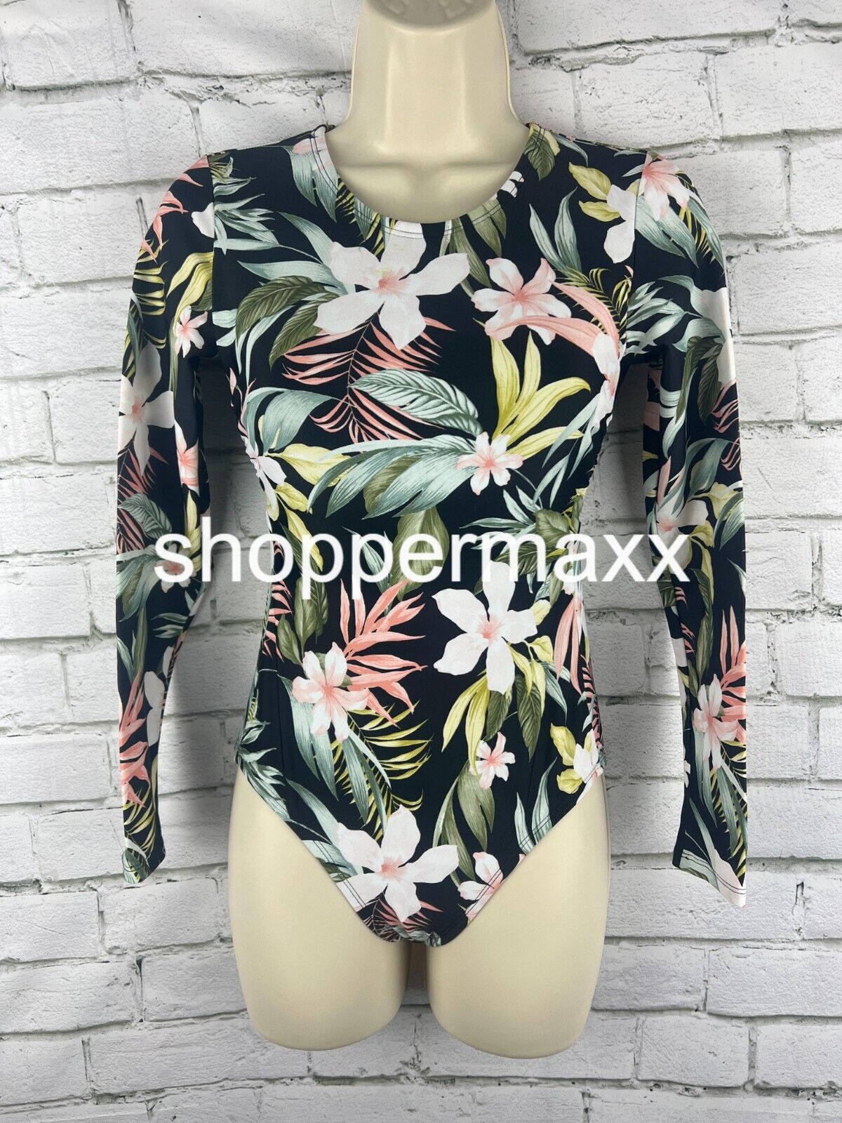 Women's Tropical Print Long Sleeve One Piece Swimsuit - Kona Sol Black XS