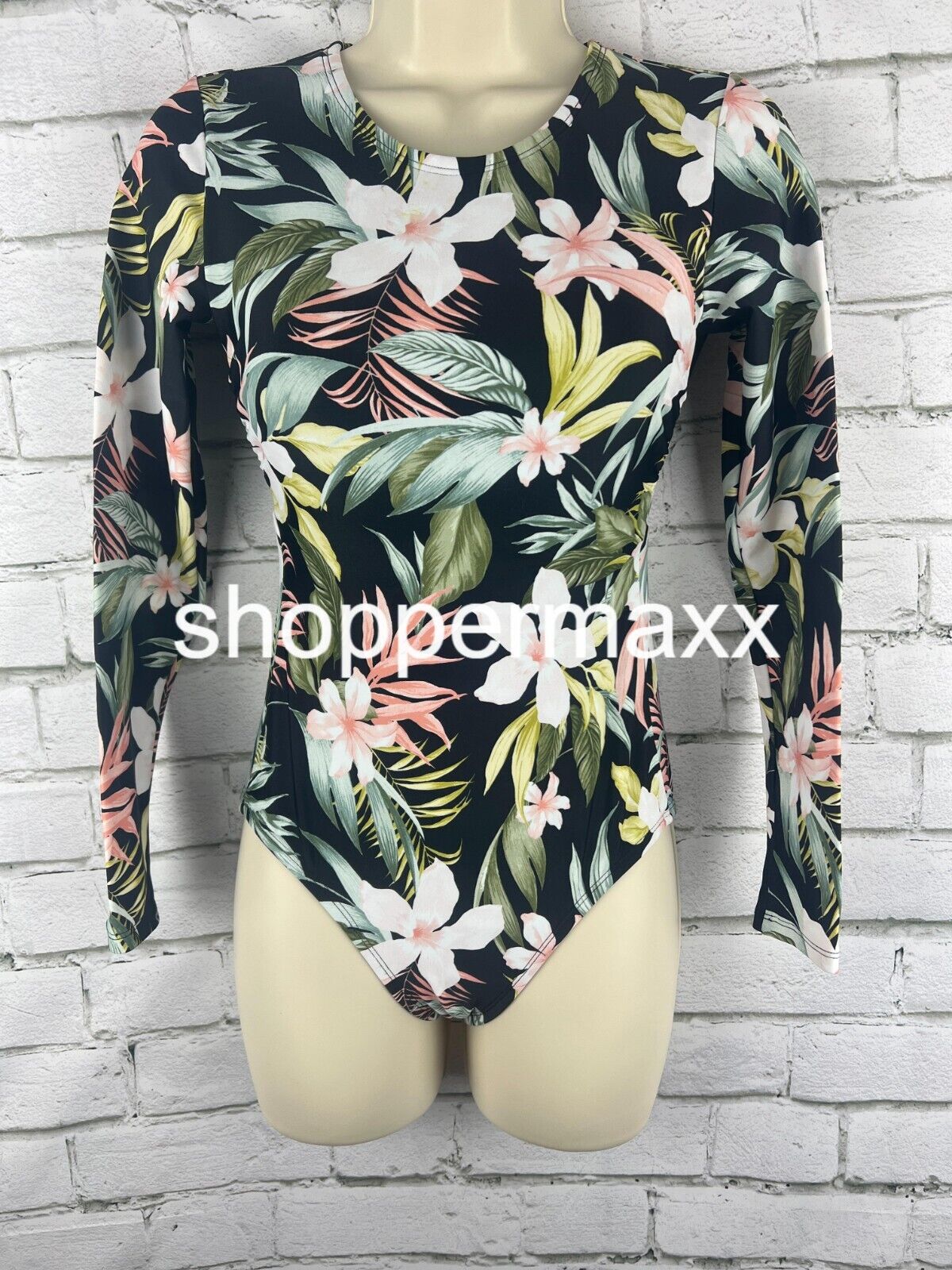 Women's Tropical Print Long Sleeve One Piece Swimsuit - Kona Sol Black XS
