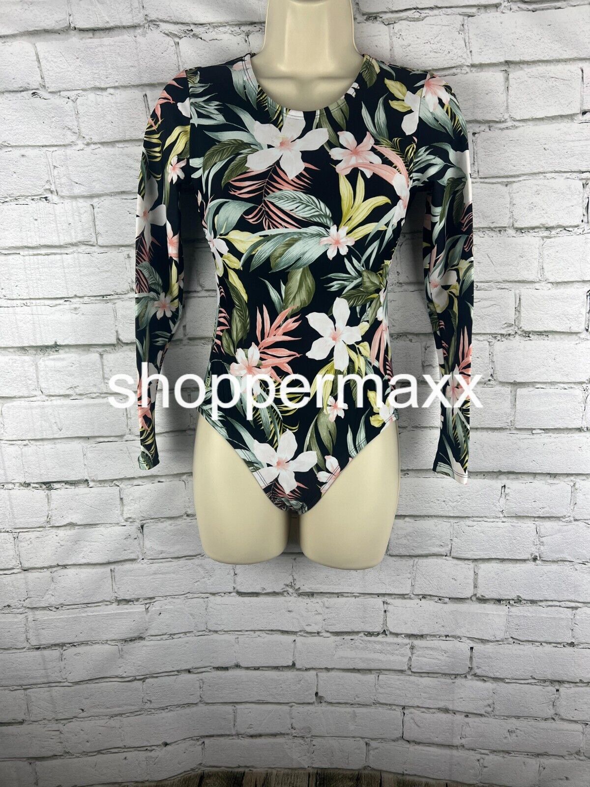 Women's Tropical Print Long Sleeve One Piece Swimsuit - Kona Sol Black XS