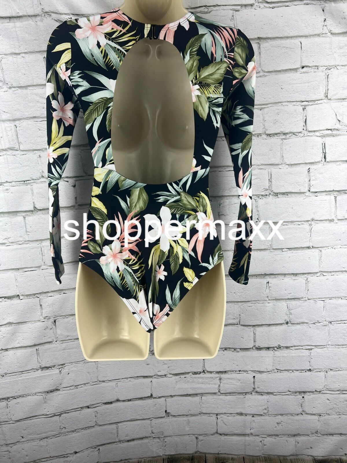 Women's Tropical Print Long Sleeve One Piece Swimsuit - Kona Sol Black XS