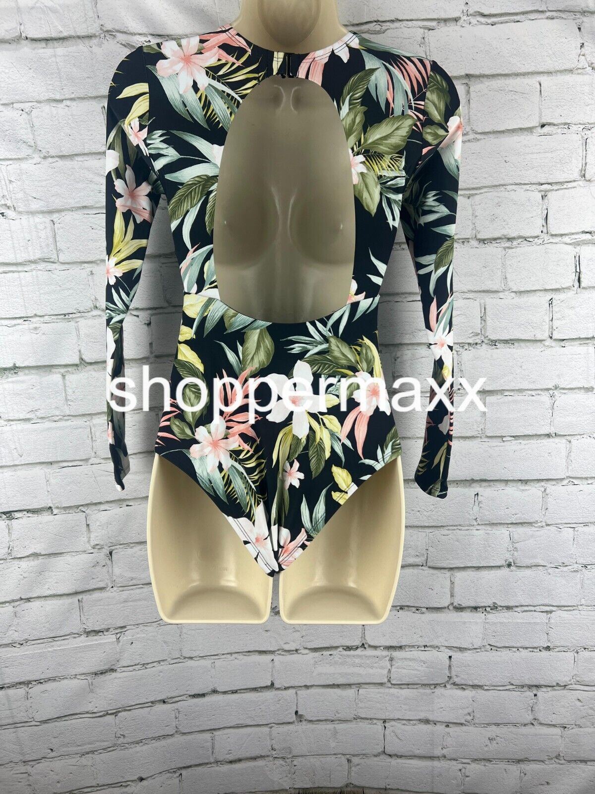Women's Tropical Print Long Sleeve One Piece Swimsuit - Kona Sol Black XS