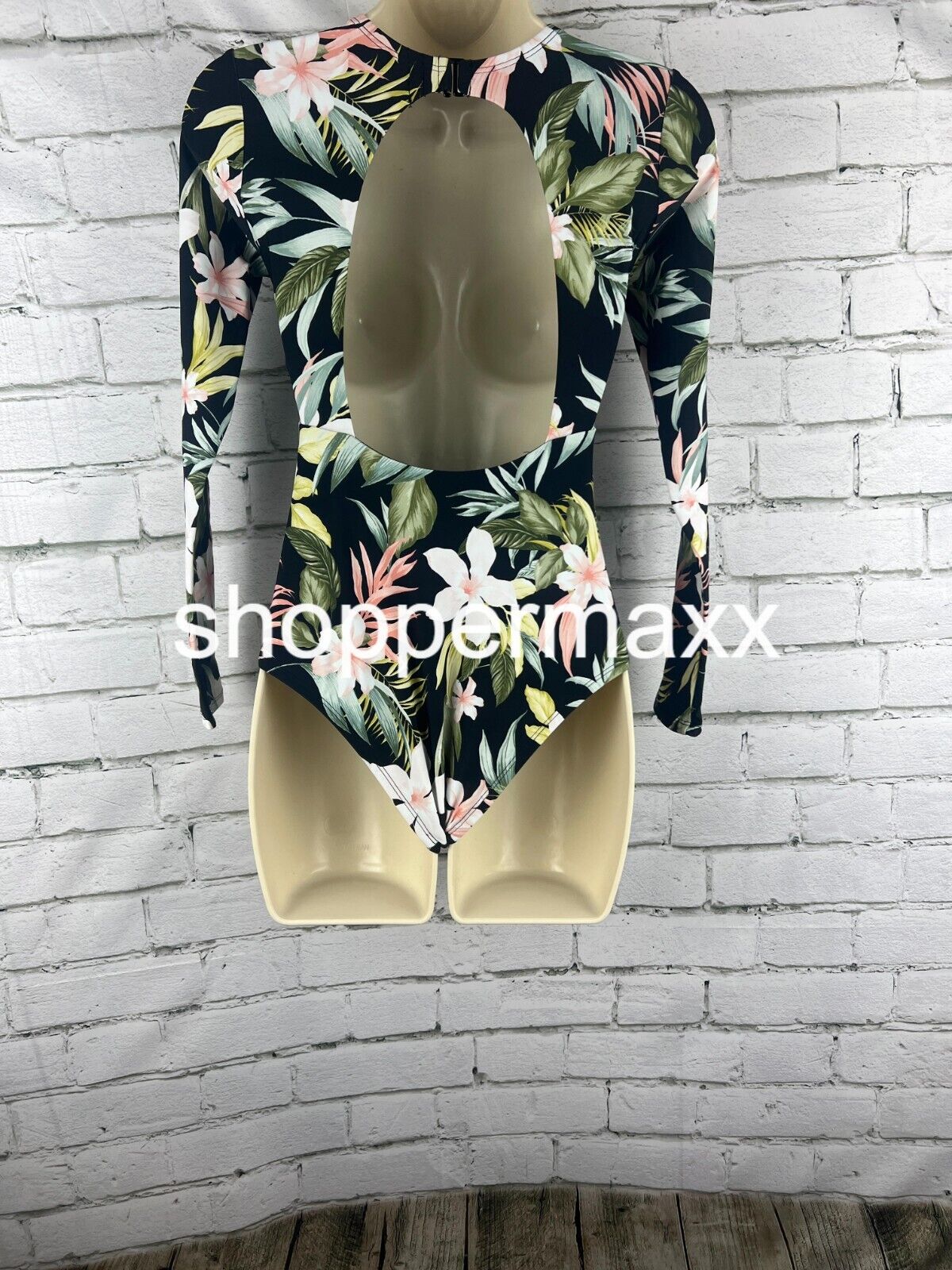 Women's Tropical Print Long Sleeve One Piece Swimsuit - Kona Sol Black XS
