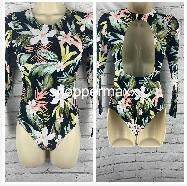 Women's Tropical Print Long Sleeve One Piece Swimsuit - Kona Sol Black XS