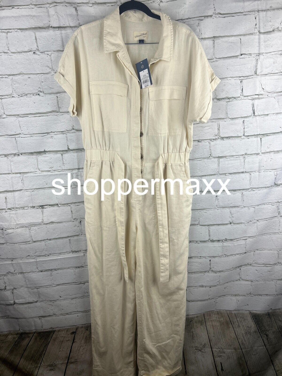 Women's Short Sleeve Linen Boilersuit - Universal Thread, Cream, Size 8