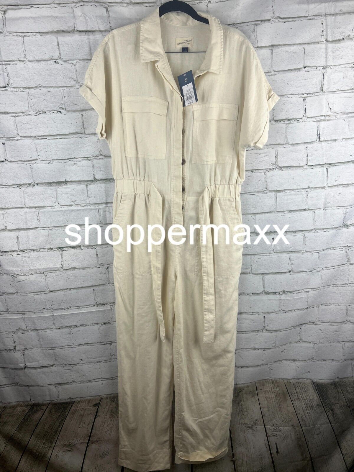 Women's Short Sleeve Linen Boilersuit - Universal Thread, Cream, Size 8