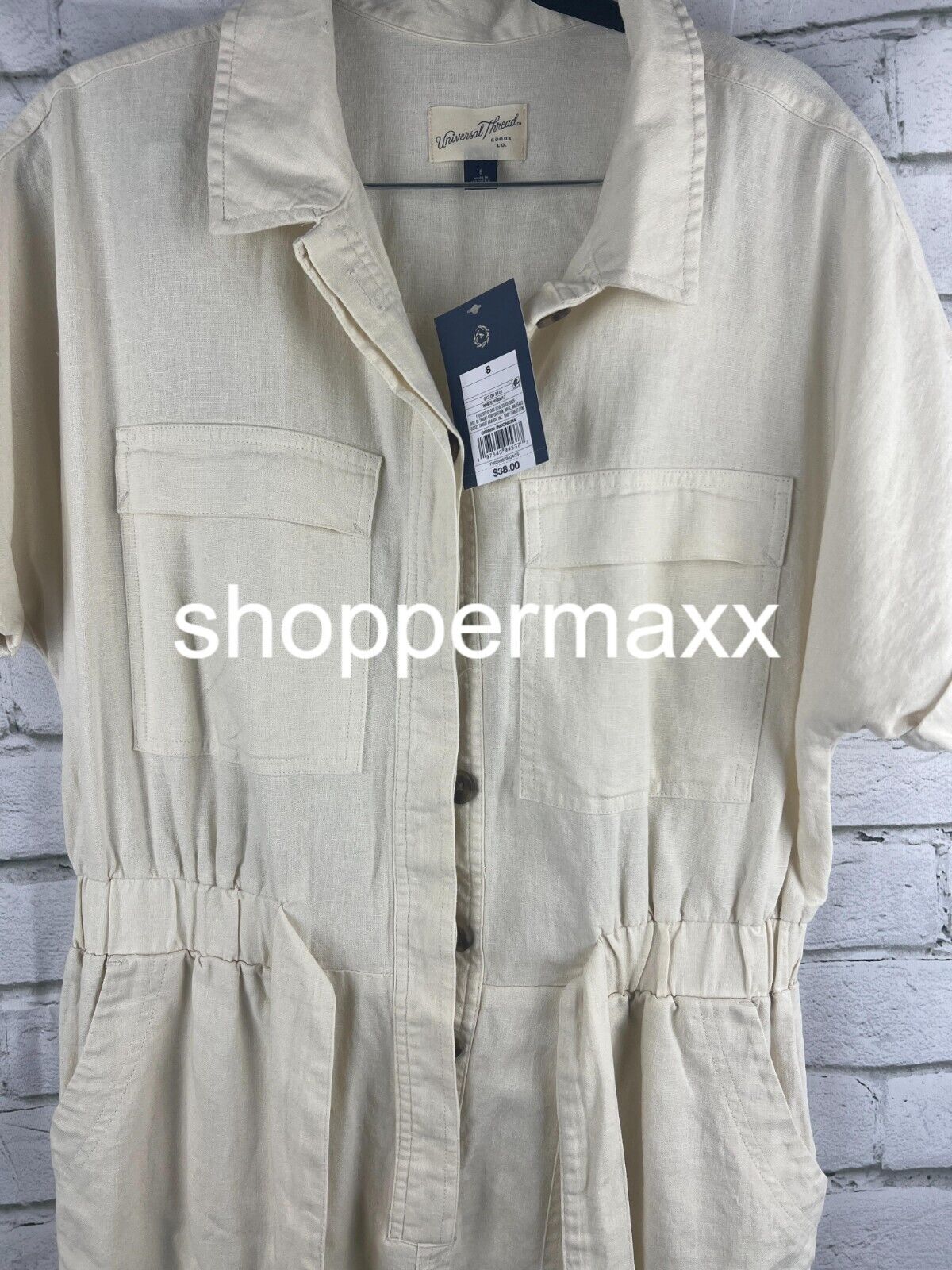 Women's Short Sleeve Linen Boilersuit - Universal Thread, Cream, Size 8