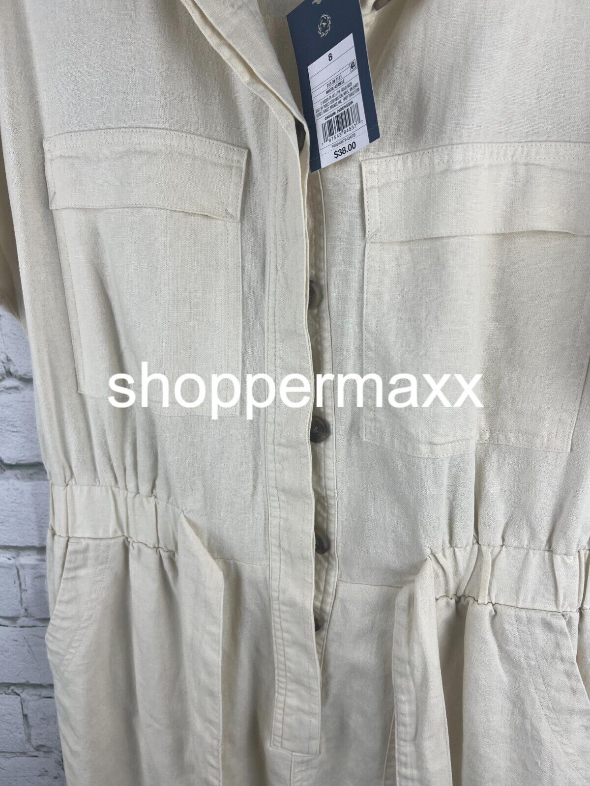Women's Short Sleeve Linen Boilersuit - Universal Thread, Cream, Size 8
