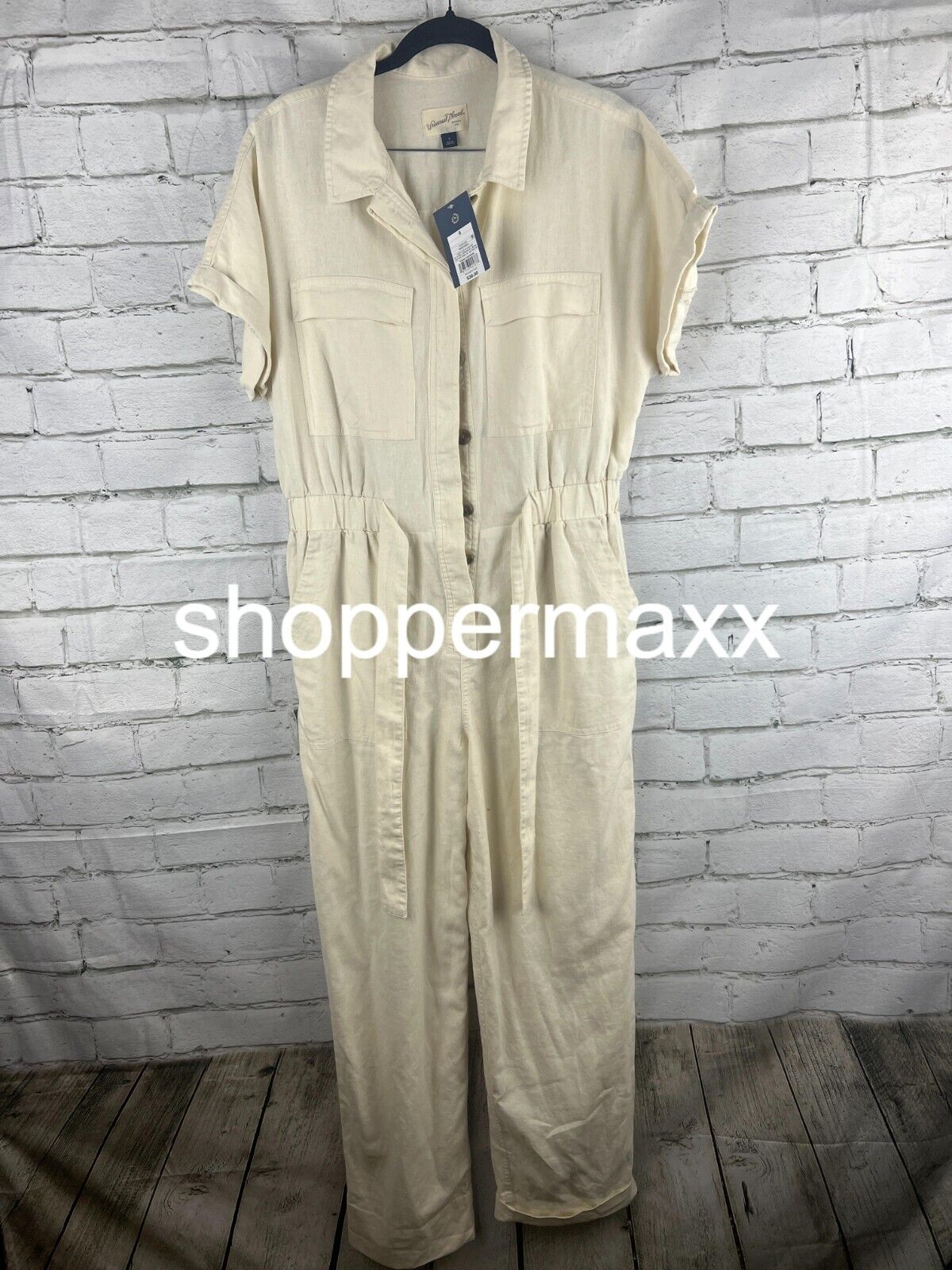 Women's Short Sleeve Linen Boilersuit - Universal Thread, Cream, Size 8
