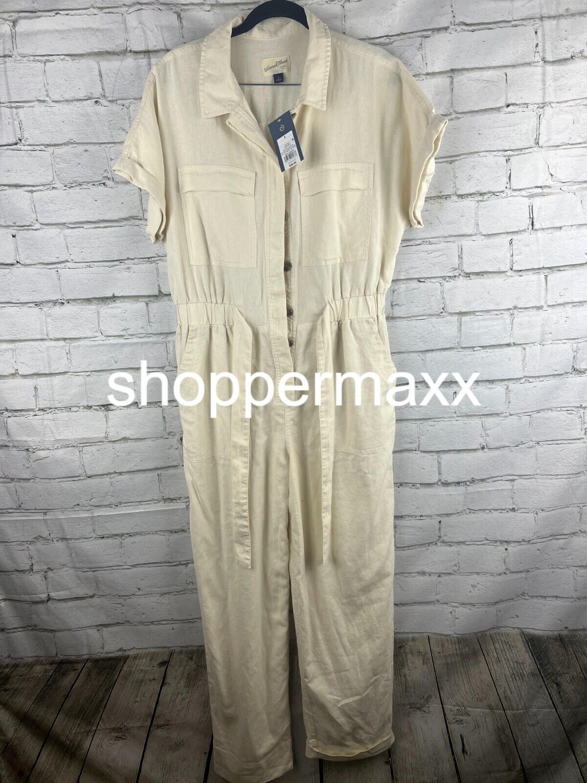 Women's Short Sleeve Linen Boilersuit - Universal Thread, Cream, Size 8