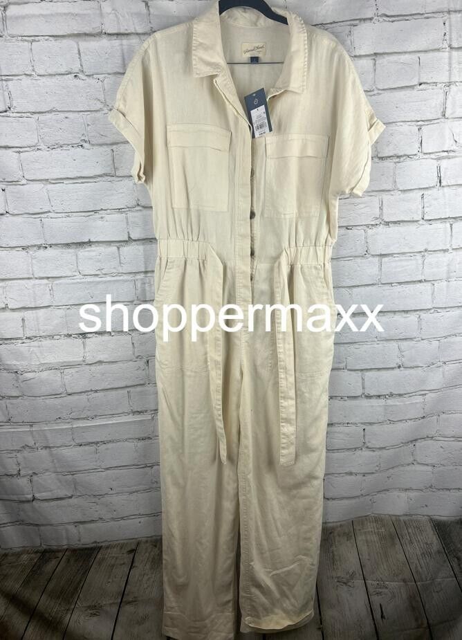 Women's Short Sleeve Linen Boilersuit - Universal Thread, Cream, Size 8