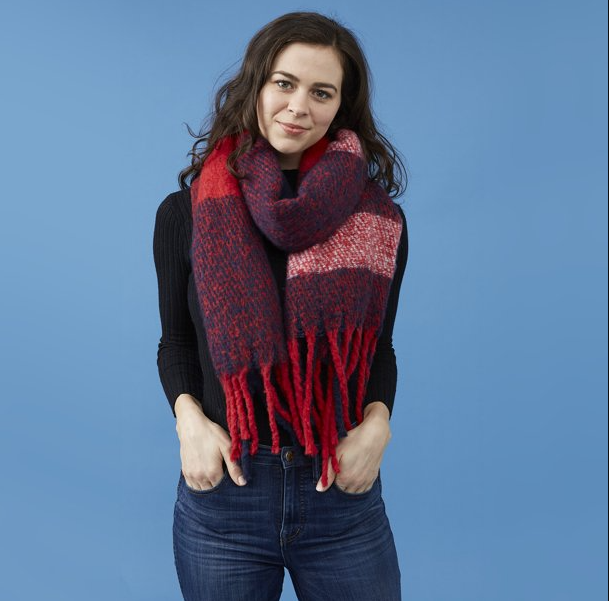 Tickled Pink Women's Fuzzy Plaid Fringe Scarf Collection, Red North Plaid One SZ