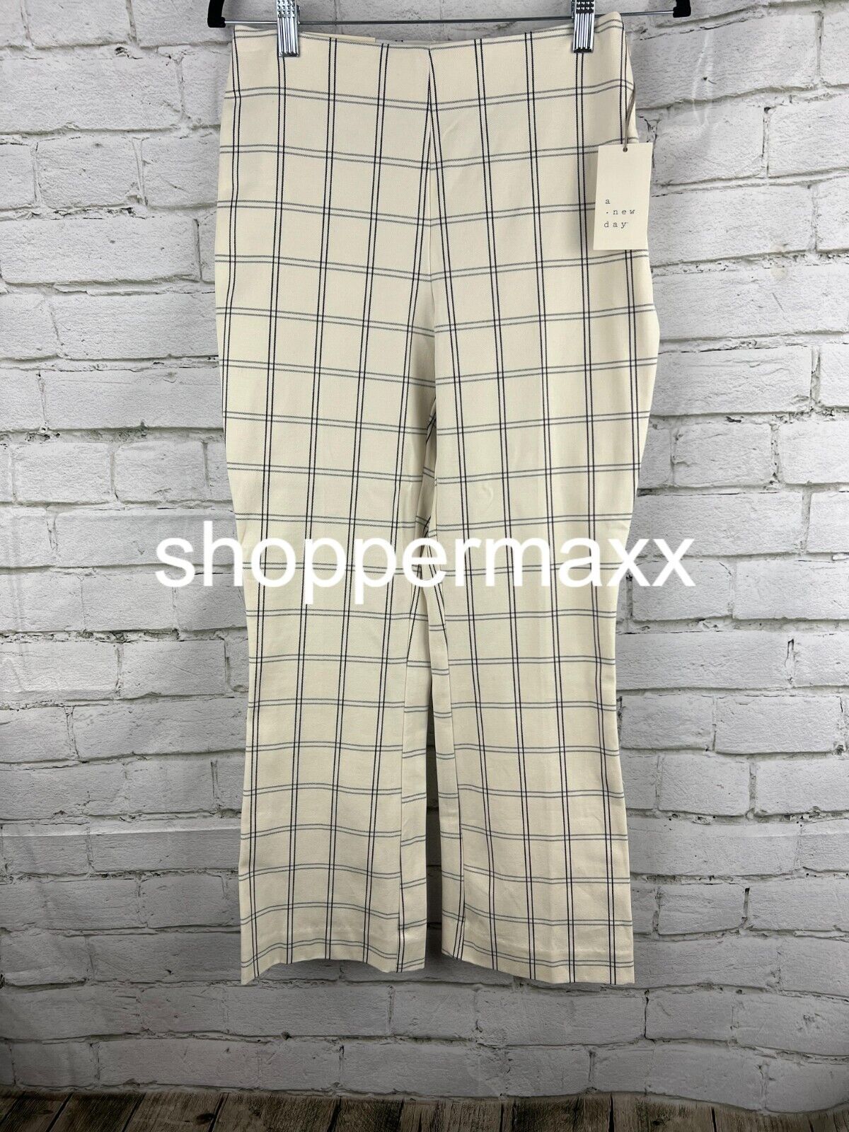 Women's High 16 Rise Slim Fit Kick Flare Pull On Pants A New Day, Cream Plaid, 4