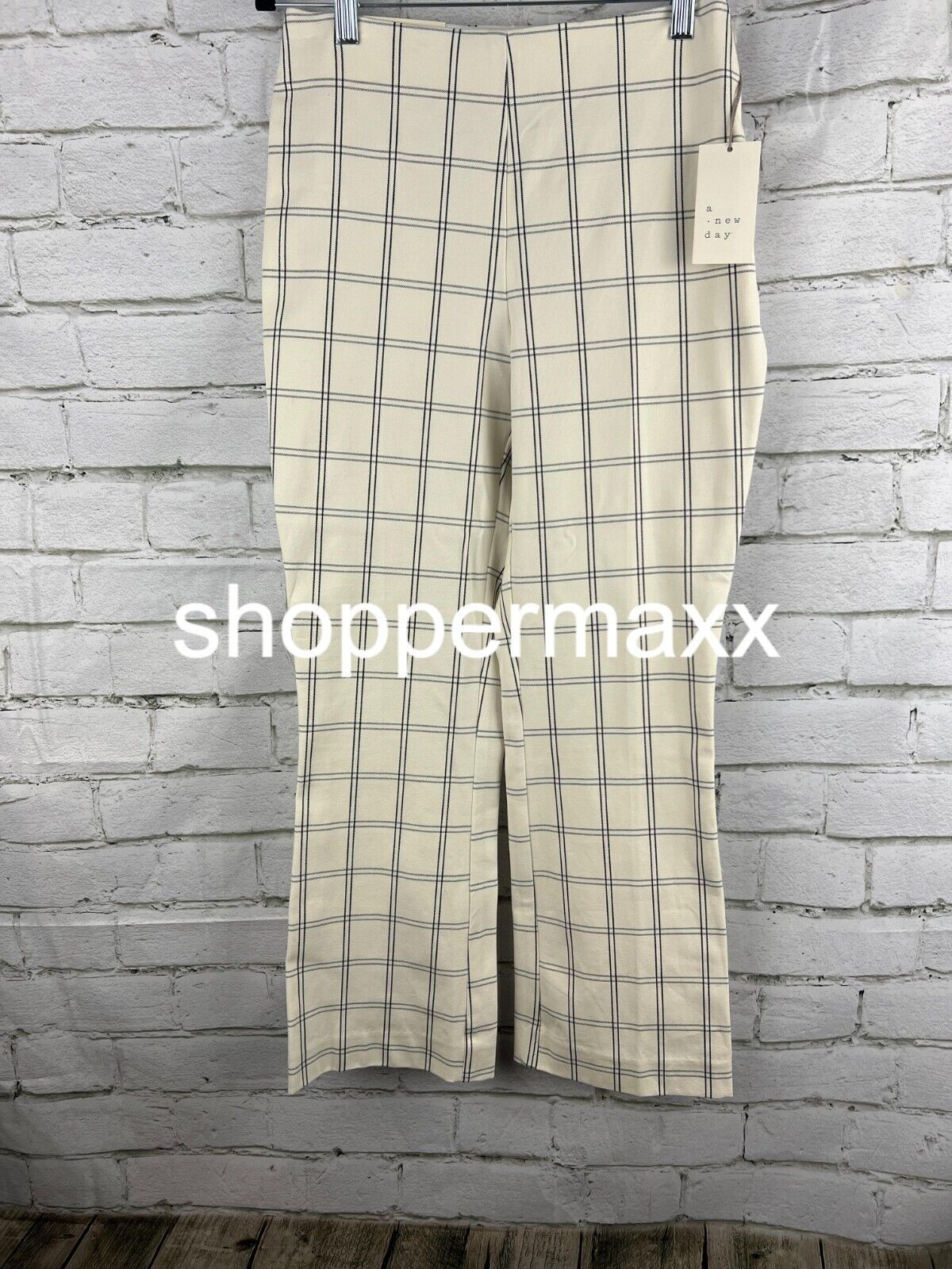 Women's High 16 Rise Slim Fit Kick Flare Pull On Pants A New Day, Cream Plaid, 4