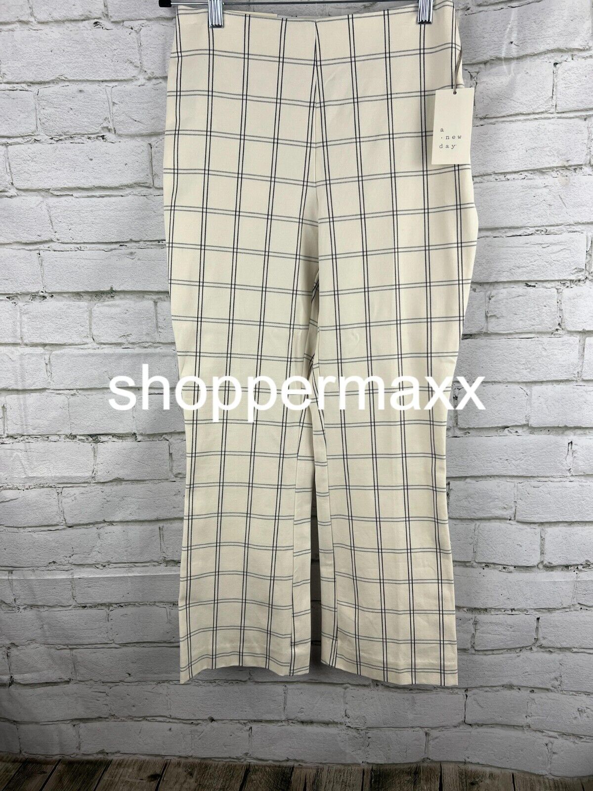 Women's High 16 Rise Slim Fit Kick Flare Pull On Pants A New Day, Cream Plaid, 4