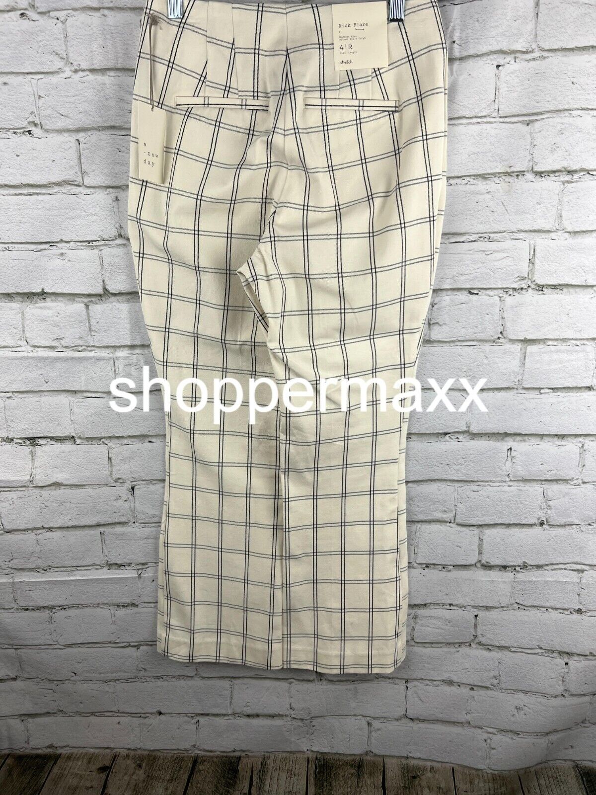 Women's High 16 Rise Slim Fit Kick Flare Pull On Pants A New Day, Cream Plaid, 4