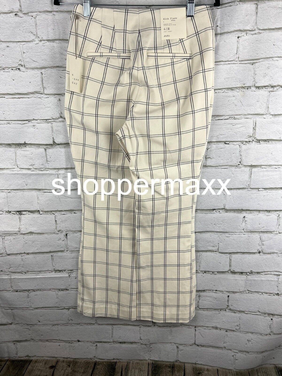 Women's High 16 Rise Slim Fit Kick Flare Pull On Pants A New Day, Cream Plaid, 4