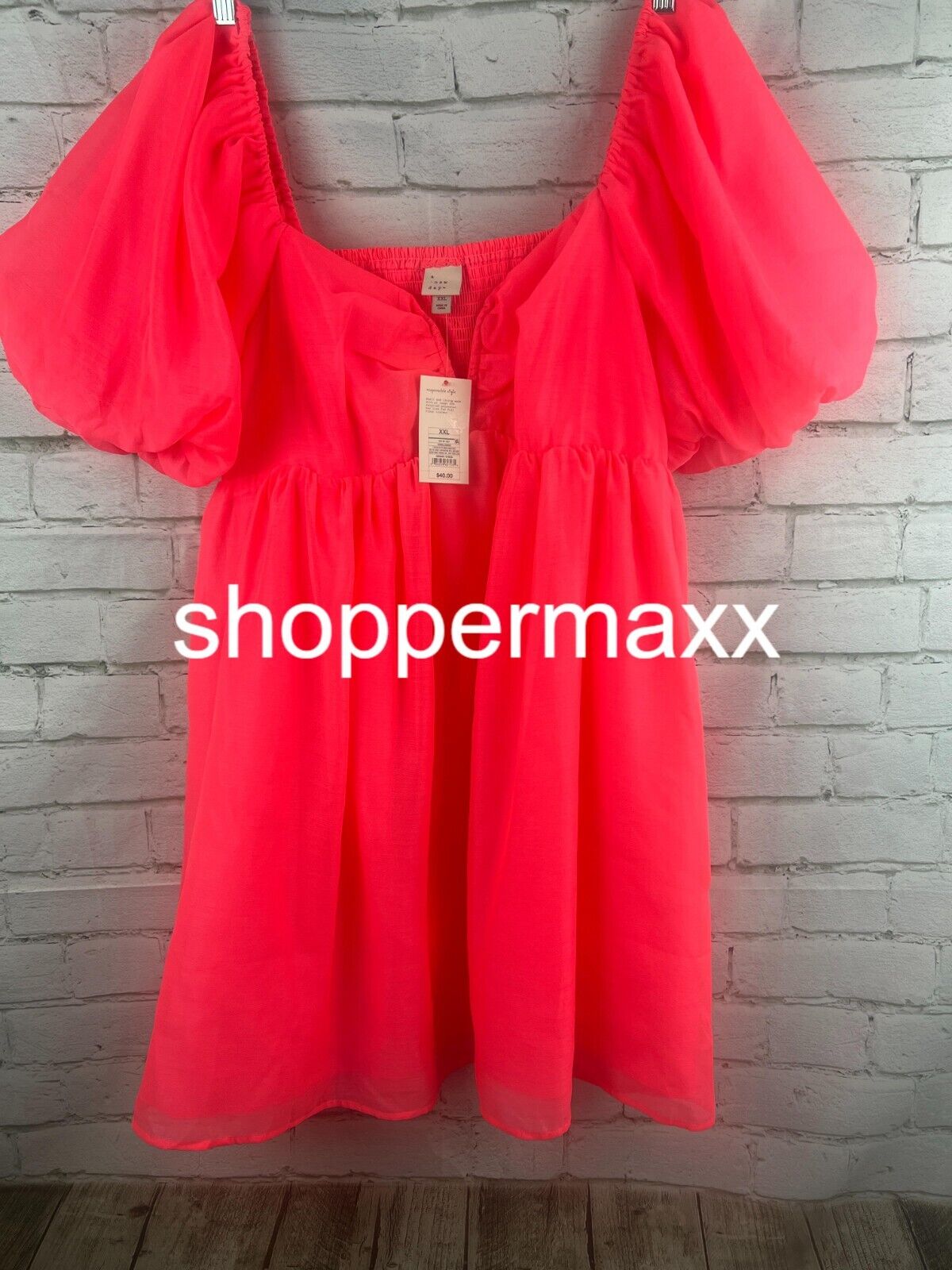 Women's Balloon Short Sleeve Organza Baby Doll Dress- A New Day, Hot Pink, Large