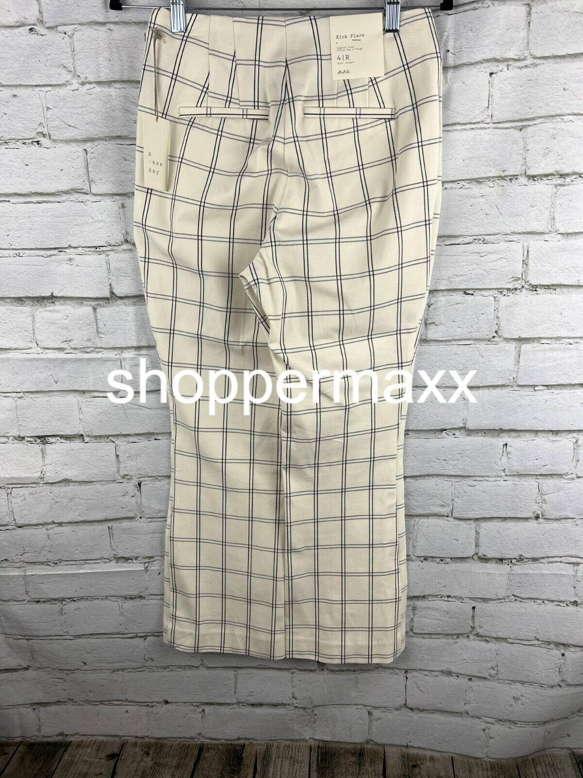 Women's High 16 Rise Slim Fit Kick Flare Pull On Pants A New Day, Cream Plaid, 4