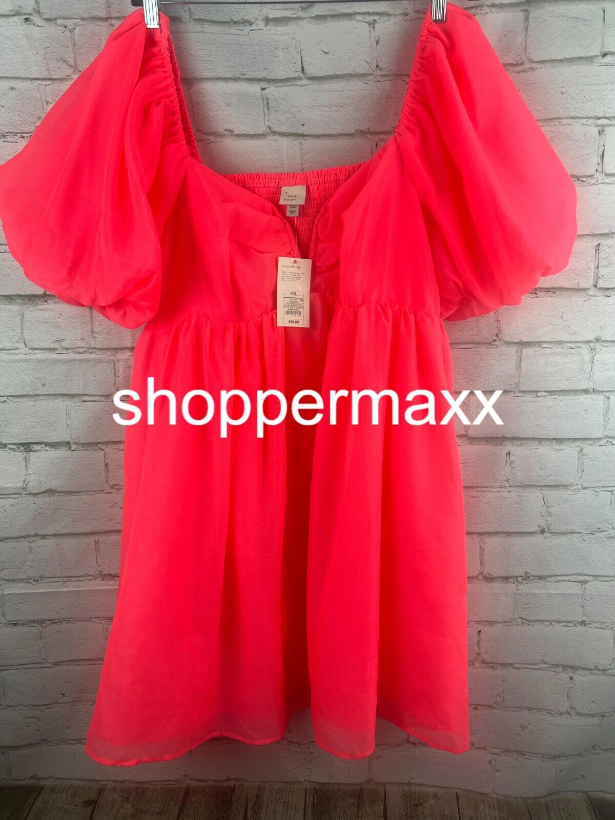 Women's Balloon Short Sleeve Organza Baby Doll Dress- A New Day, Hot Pink, Large