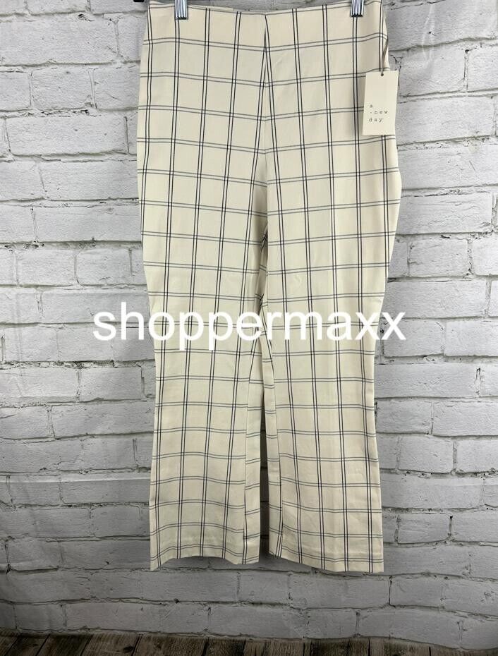Women's High 16 Rise Slim Fit Kick Flare Pull On Pants A New Day, Cream Plaid, 4