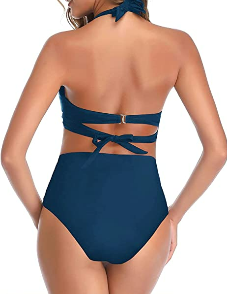 Tempt Me Womens Vintage Swimsuits Retro Halter Ruched High Waist Bikini w Bottom