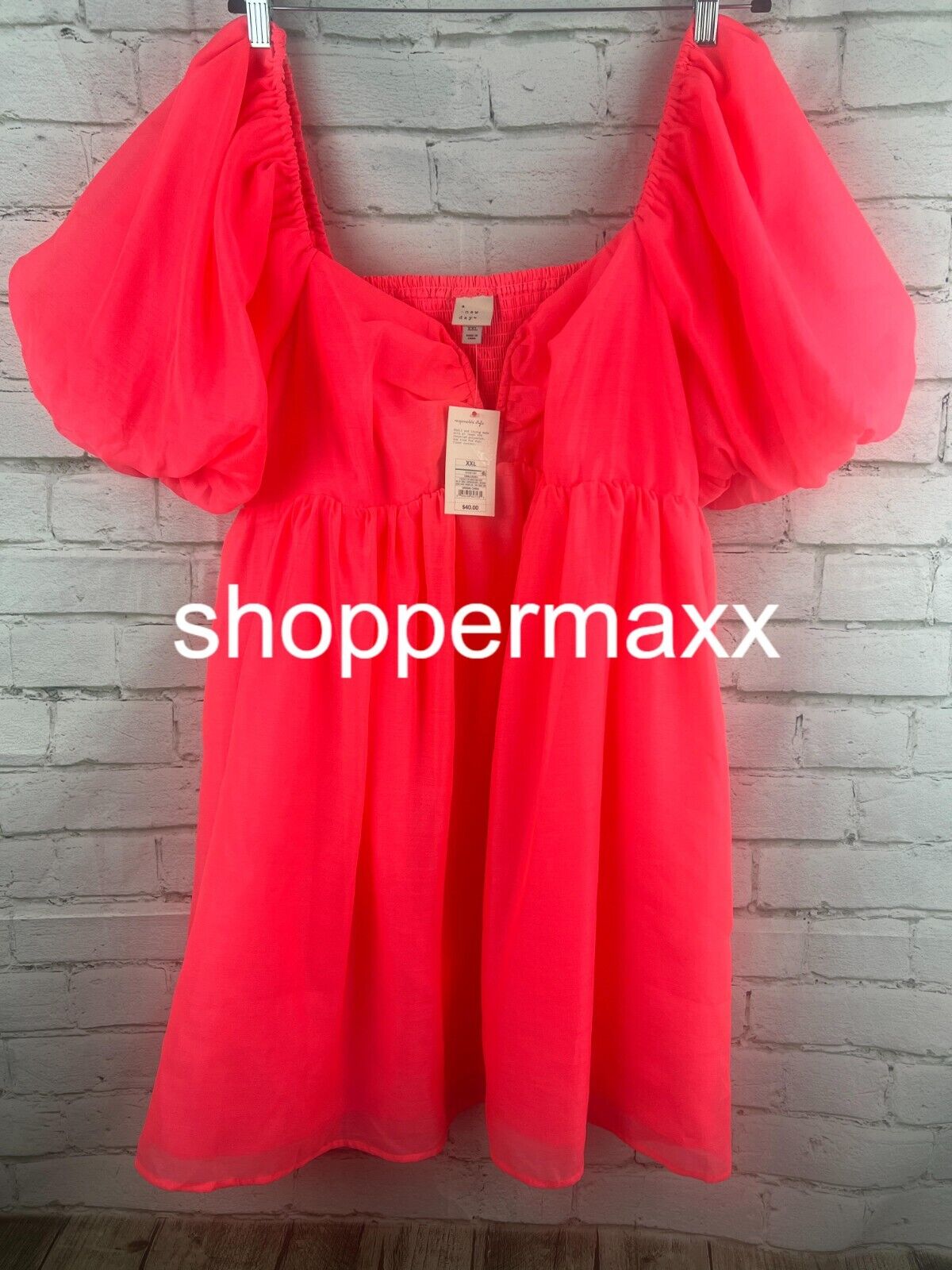 Women's Balloon Short Sleeve Organza Baby Doll Dress - A New Day, Hot Pink, XXL