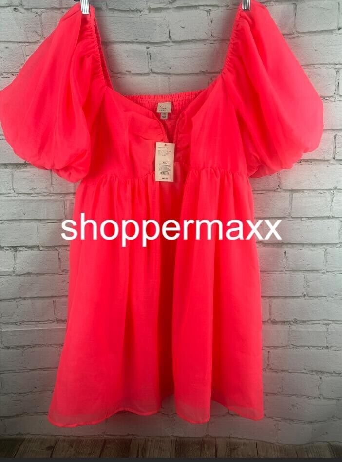 Women's Balloon Short Sleeve Organza Baby Doll Dress - A New Day, Hot Pink, XXL