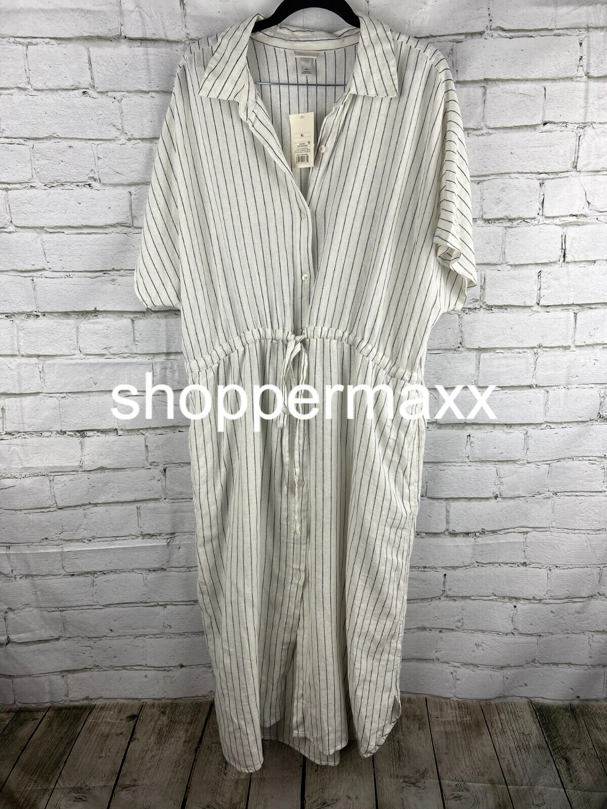 Women's Short Sleeve Linen Midi Shirtdress - A New Day, Cream Striped, XX-Large