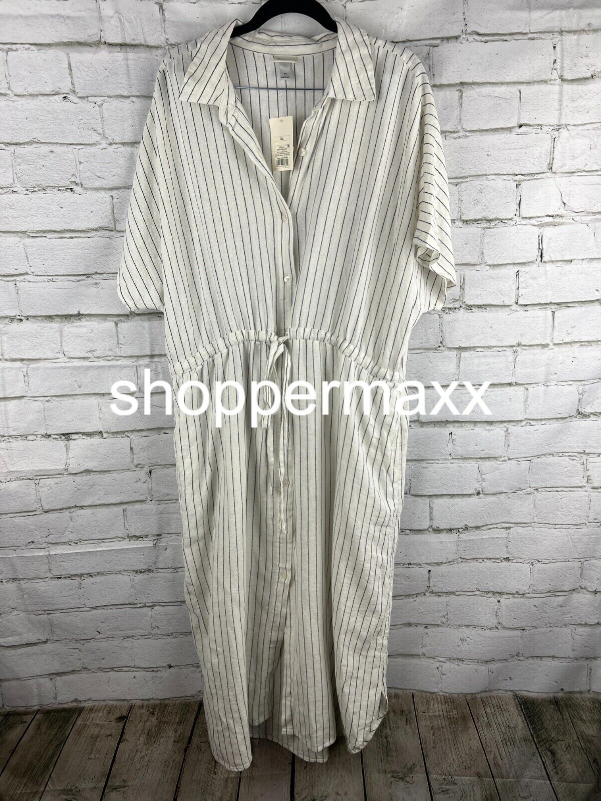 Women's Short Sleeve Linen Midi Shirtdress - A New Day, Cream Striped, XX-Large