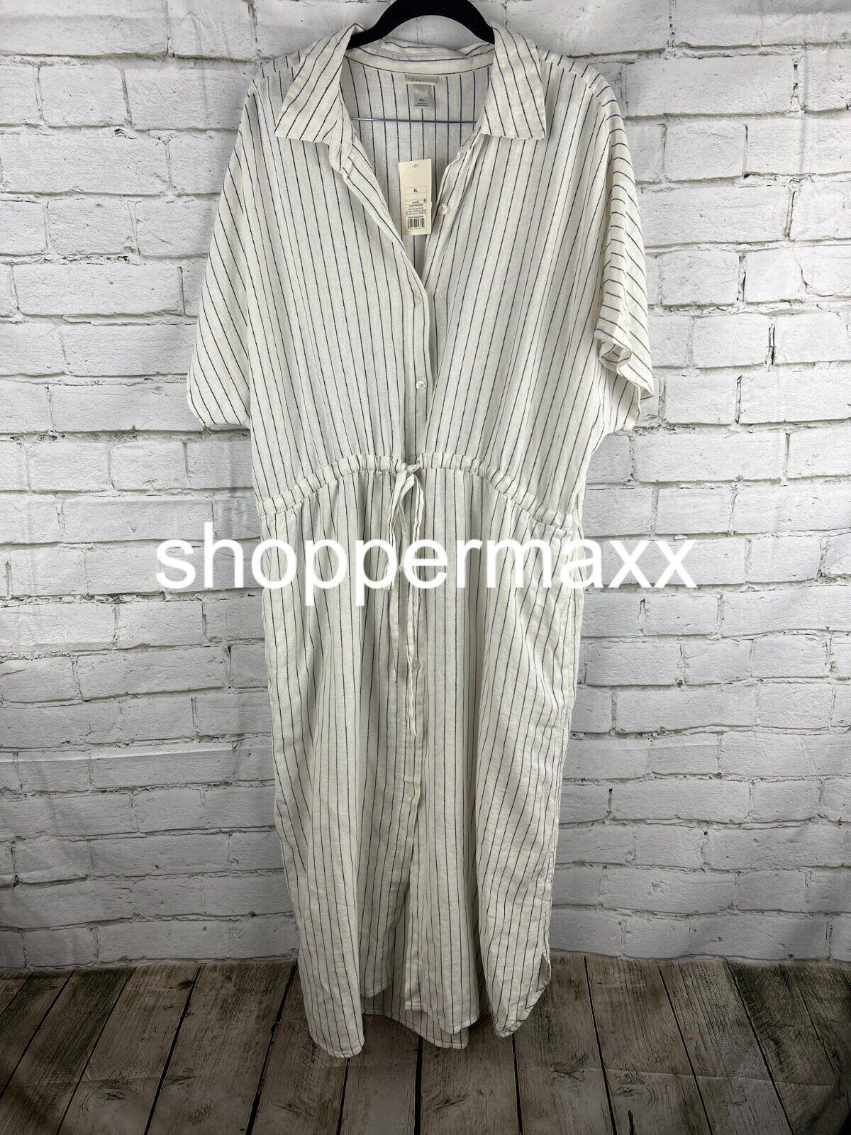 Women's Short Sleeve Linen Midi Shirtdress - A New Day, Cream Striped, XX-Large