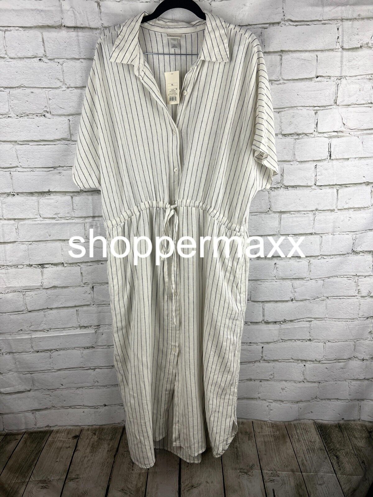 Women's Short Sleeve Linen Midi Shirtdress - A New Day, Cream Striped, XX-Large