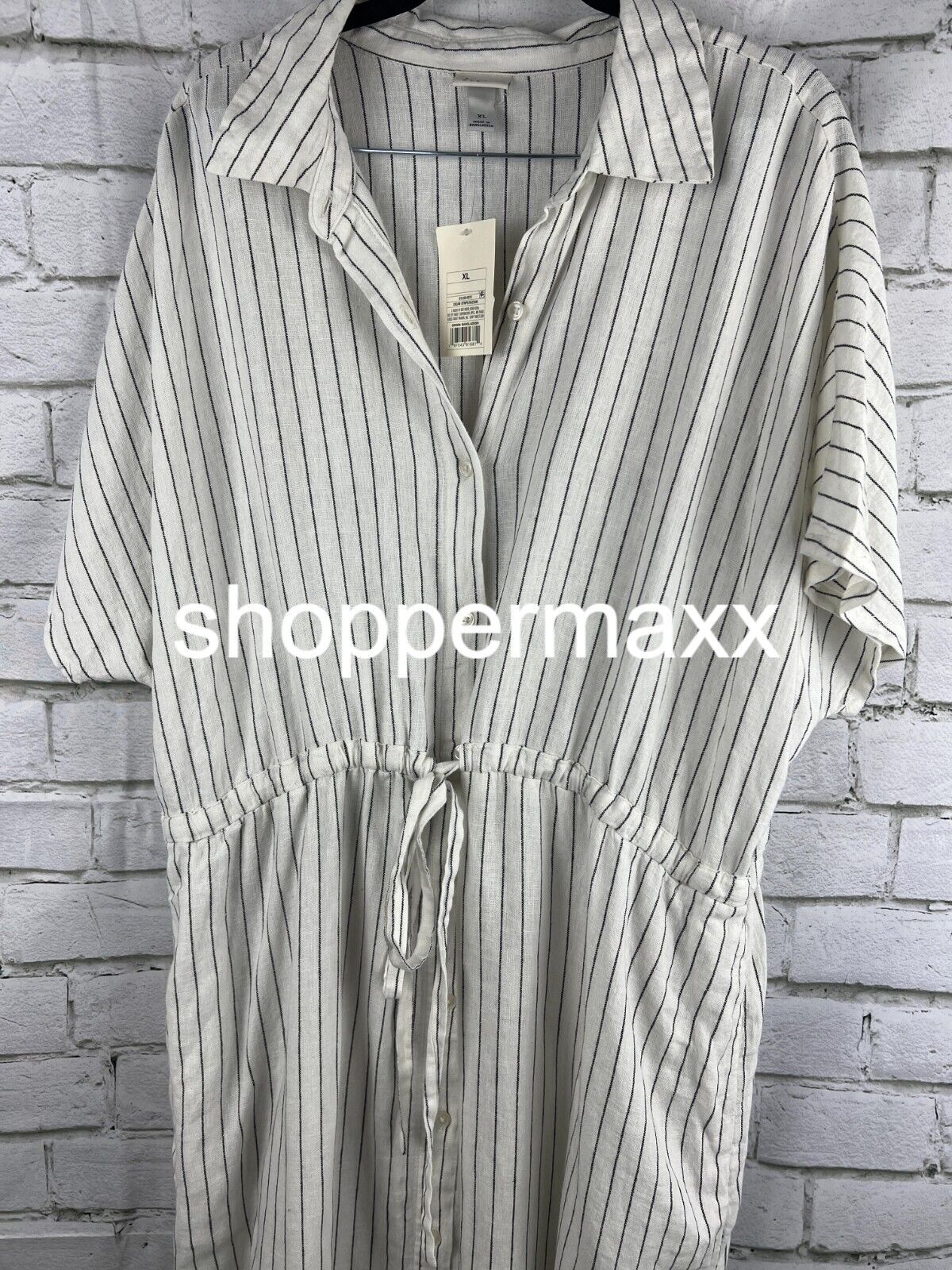 Women's Short Sleeve Linen Midi Shirtdress - A New Day, Cream Striped, XX-Large