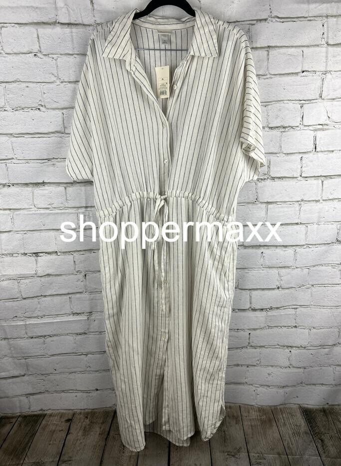 Women's Short Sleeve Linen Midi Shirtdress - A New Day, Cream Striped, XX-Large