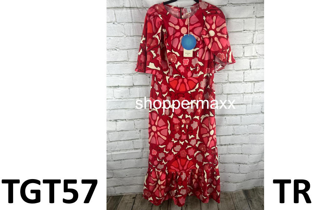 WOMEN'S LARGE ZINNIA FLORAL PRINT BELL SLEEVE MIDI DRESS - RHODE, RED/PINK, 8